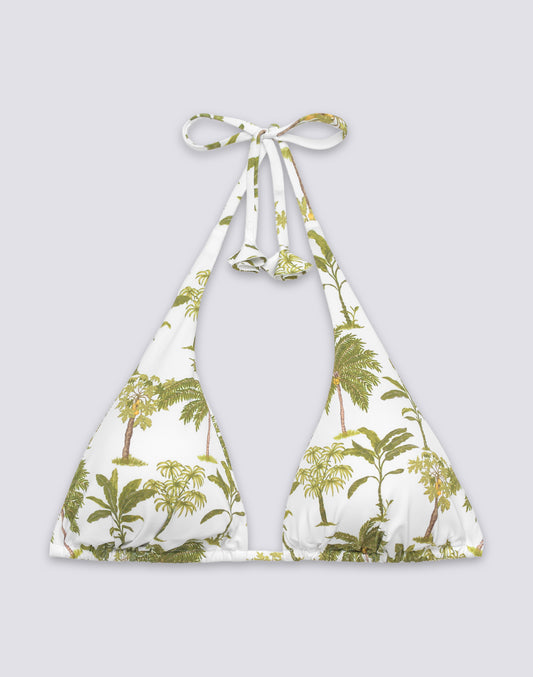 HAUT DE BIKINI TRIANGLE AMÉRICAIN AVEC POMPONS ET MOTIF BOTANIQUE
