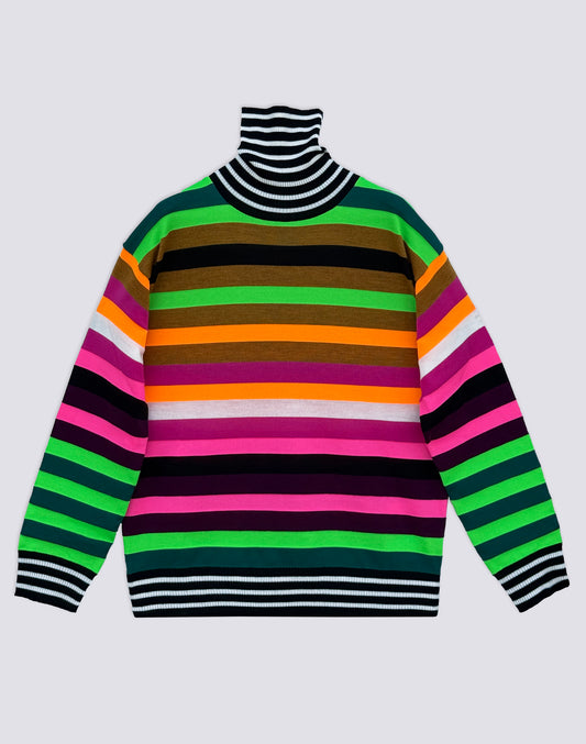 JERSEY DE MUJER CON CUELLO ALTO A RAYAS MULTICOLORES