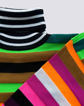 WOMEN'S MULTICOLOR STRIPED HIGH NECK SWEATER